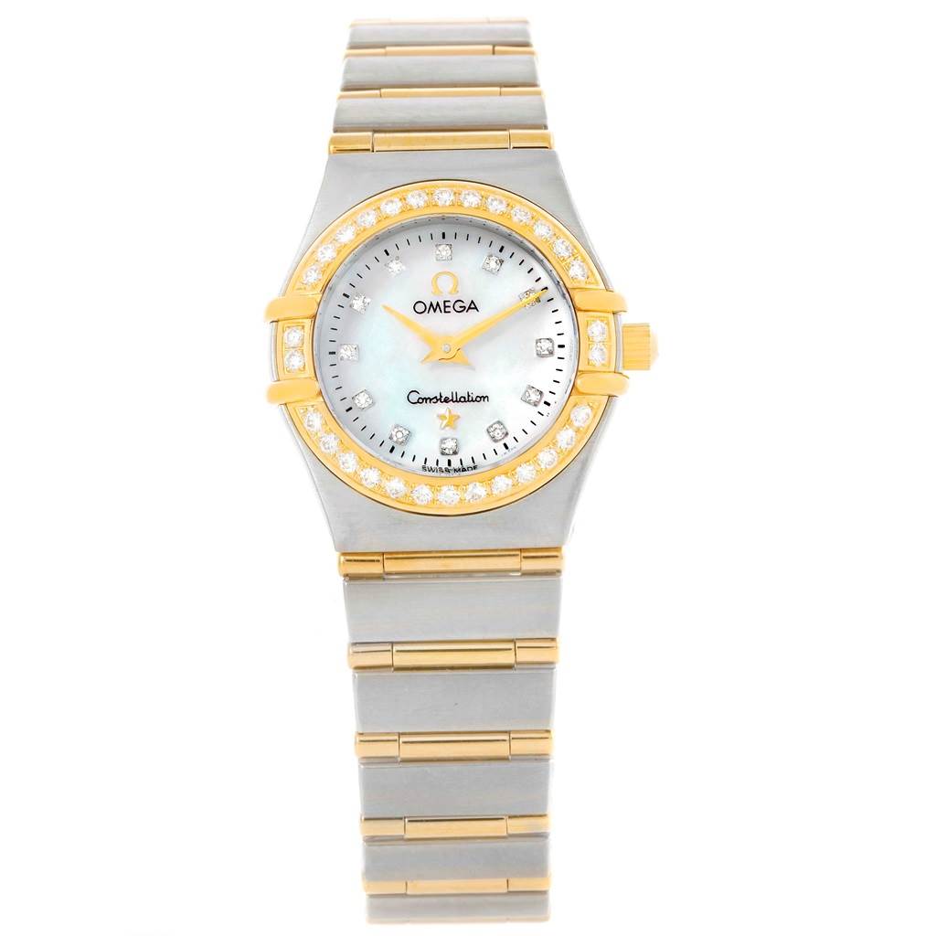 The image shows a frontal view of the Omega 1267.75.00 Women's Steel and Gold (two tone) Mother of Pearl Dial 1267.75.00 Women's Steel and Gold (two tone) Mother of Pearl Dial Constellation My Choice Mini Steel Gold Diamond Watch 1267.75.00, showcasing the dial and band.