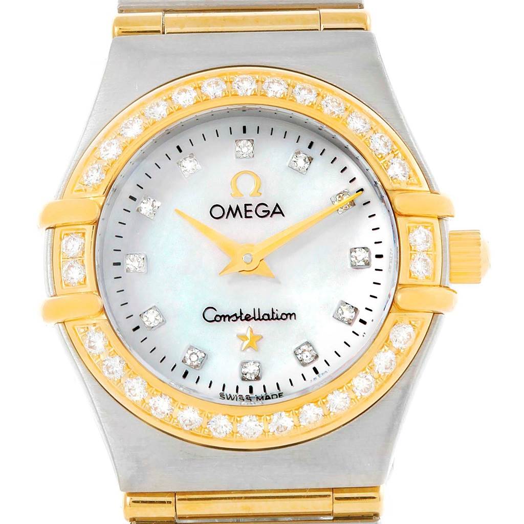 The image shows a frontal view of the Omega 1267.75.00 Women's Steel and Gold (two tone) Mother of Pearl Dial 1267.75.00 Women's Steel and Gold (two tone) Mother of Pearl Dial Constellation My Choice Mini Steel Gold Diamond Watch 1267.75.00.