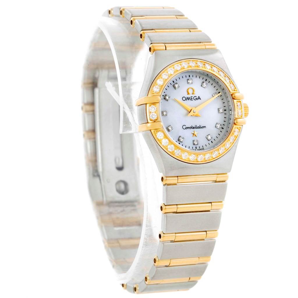 The Omega 1267.75.00 Women's Steel and Gold (two tone) Mother of Pearl Dial 1267.75.00 Women's Steel and Gold (two tone) Mother of Pearl Dial Constellation My Choice Mini Steel Gold Diamond Watch 1267.75.00 is shown at an angled side view highlighting its face and bracelet.