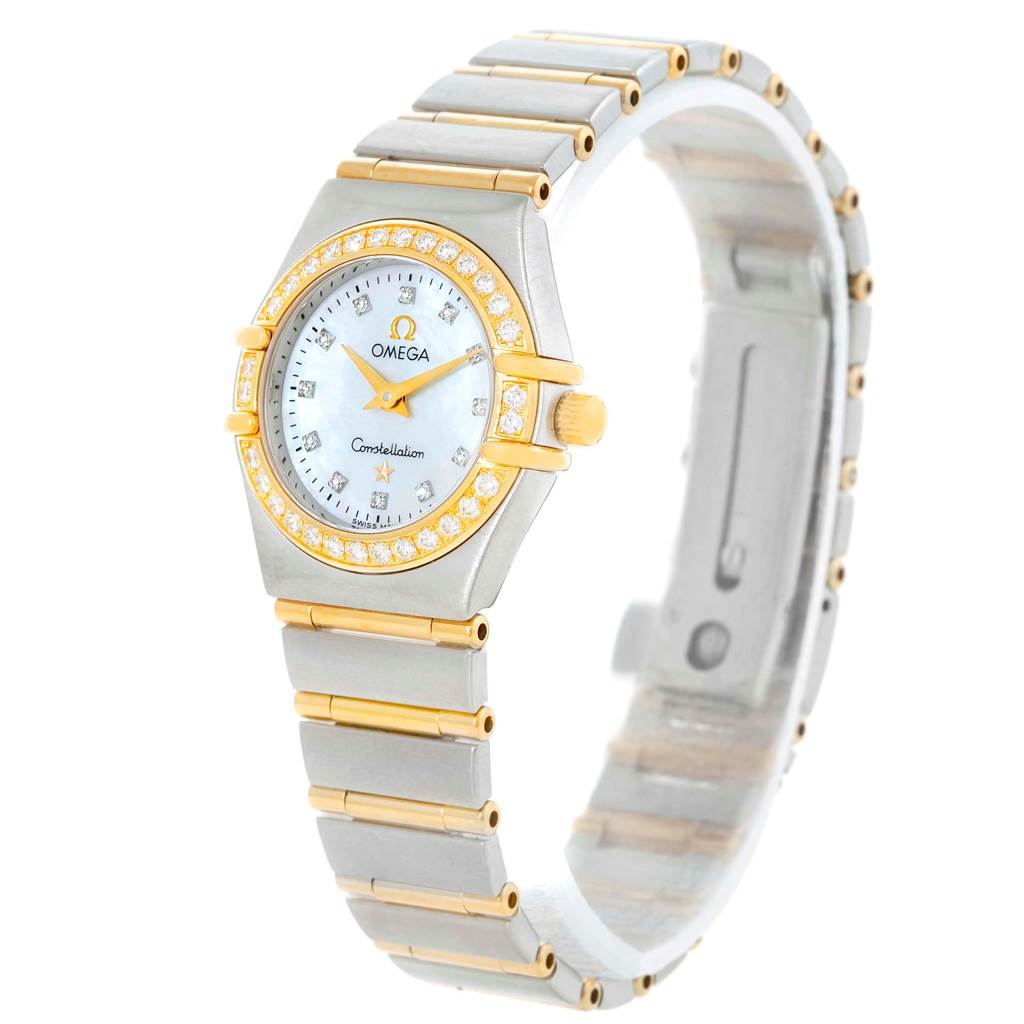 The Omega 1267.75.00 Women's Steel and Gold (two tone) Mother of Pearl Dial 1267.75.00 Women's Steel and Gold (two tone) Mother of Pearl Dial Constellation My Choice Mini Steel Gold Diamond Watch 1267.75.00 model is shown at a three-quarter angle, displaying the face and strap.
