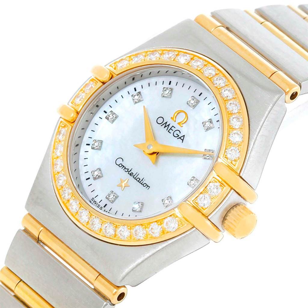 The image shows a close-up angle of the Omega 1267.75.00 Women's Steel and Gold (two tone) Mother of Pearl Dial 1267.75.00 Women's Steel and Gold (two tone) Mother of Pearl Dial Constellation My Choice Mini Steel Gold Diamond Watch (model 1267.75.00), highlighting the watch face and bezel.