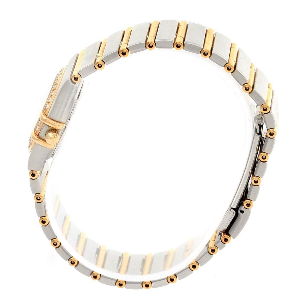 Side view of the Omega 1267.75.00 Women's Steel and Gold (two tone) Mother of Pearl Dial 1267.75.00 Women's Steel and Gold (two tone) Mother of Pearl Dial Constellation My Choice Mini Steel Gold Diamond Watch 1267.75.00, showing the bracelet and clasp.