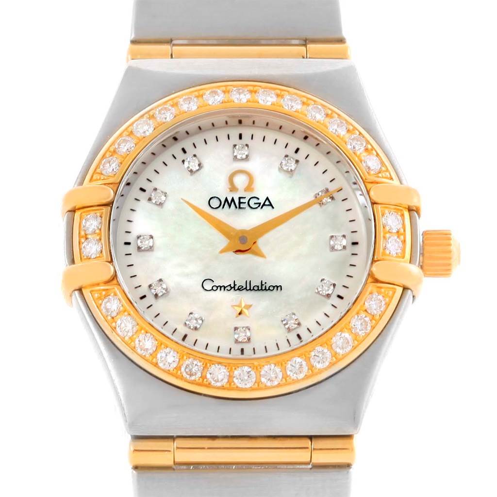 The image shows a front view of the Omega 1267.75.00 Women's Steel and Gold (two tone) Mother of Pearl Dial 1267.75.00 Women's Steel and Gold (two tone) Mother of Pearl Dial Constellation My Choice Mini Ladies Diamond Watch 1267.75.00.
