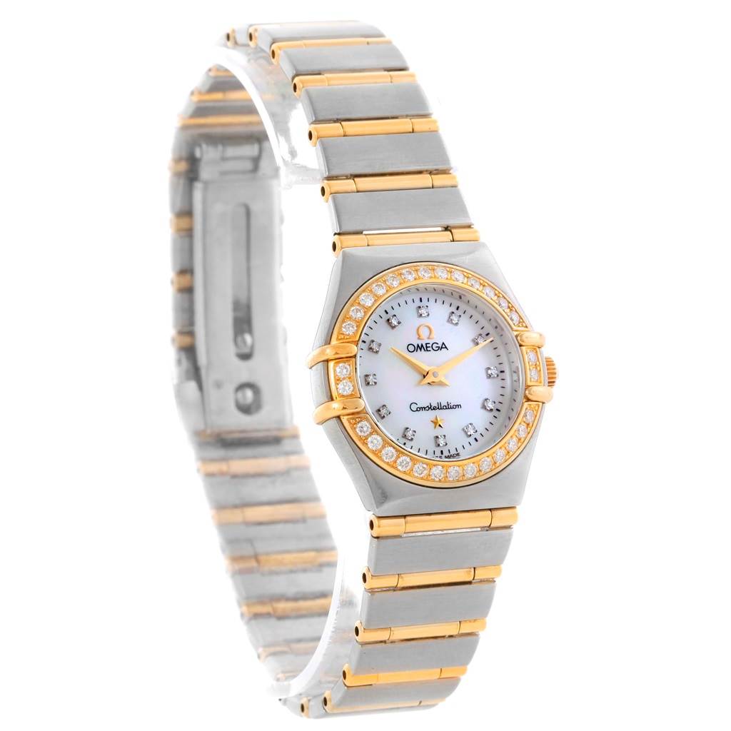 The image shows an Omega 1267.75.00 Women's Steel and Gold (two tone) Mother of Pearl Dial 1267.75.00 Women's Steel and Gold (two tone) Mother of Pearl Dial Constellation My Choice Mini Ladies Diamond Watch 1267.75.00, focusing on its face and bracelet.