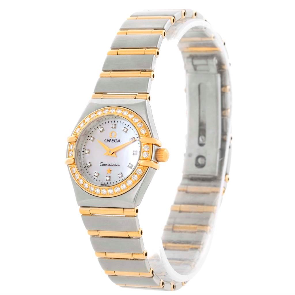 The image shows the Omega 1267.75.00 Women's Steel and Gold (two tone) Mother of Pearl Dial 1267.75.00 Women's Steel and Gold (two tone) Mother of Pearl Dial Constellation My Choice Mini Ladies Diamond Watch 1267.75.00 at a slightly angled front view, displaying the face, bezel, and part of the bracelet.