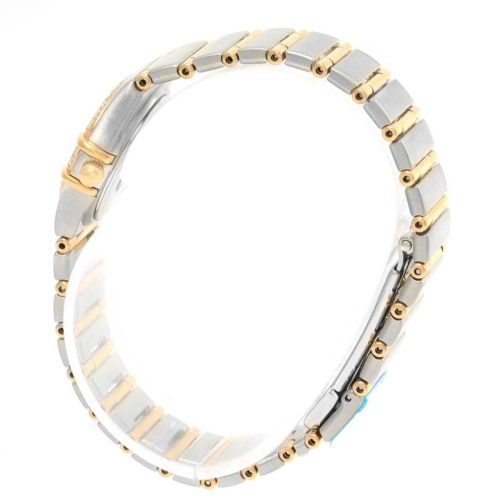 The image shows a side view of the bracelet and clasp of the Omega 1267.75.00 Women's Steel and Gold (two tone) Mother of Pearl Dial 1267.75.00 Women's Steel and Gold (two tone) Mother of Pearl Dial Constellation My Choice Mini Ladies Diamond Watch 1267.75.00.
