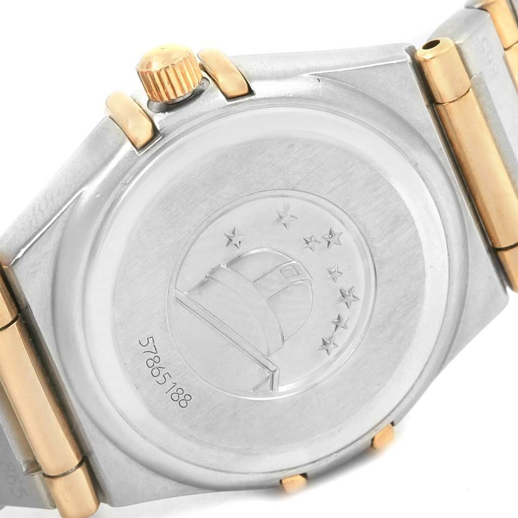 This image shows the back case and crown of the Omega 1267.75.00 Women's Steel and Gold (two tone) Mother of Pearl Dial 1267.75.00 Women's Steel and Gold (two tone) Mother of Pearl Dial Constellation My Choice Mini Ladies Diamond Watch model 1267.75.00.