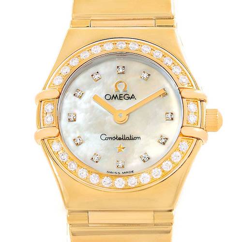 This image shows the face and part of the band of the Omega 1164.75.00 Women's Yellow Gold Mother of Pearl Dial 1164.75.00 Women's Yellow Gold Mother of Pearl Dial Constellation My Choice Yellow Gold MOP Diamond Ladies Watch model 1164.75.00.