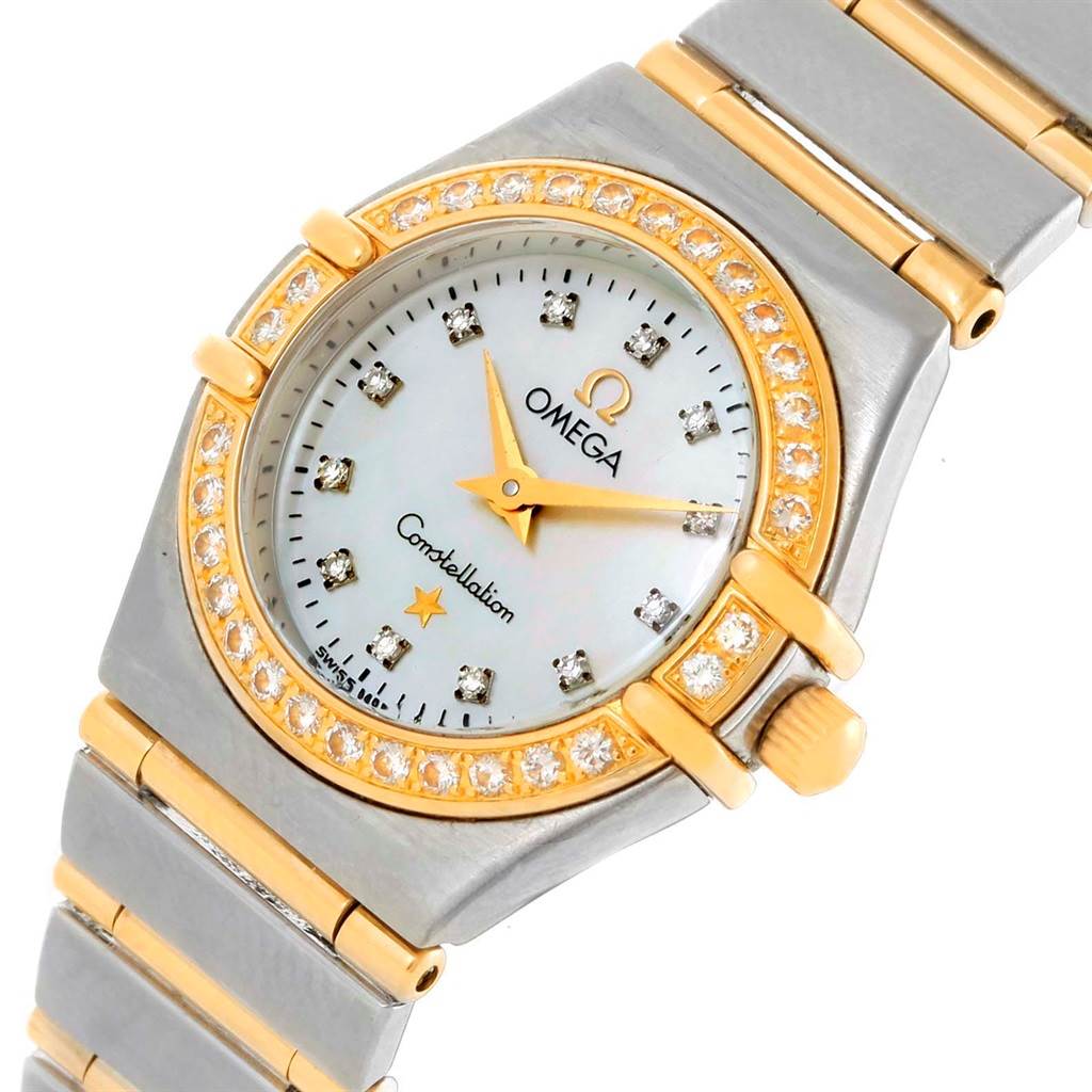 The image shows a close-up of the Omega 1267.75.00 Women's Steel and Gold (two tone) Mother of Pearl Dial 1267.75.00 Women's Steel and Gold (two tone) Mother of Pearl Dial Constellation Mini MOP Diamond Ladies Watch 1267.75.00 with a focus on its face and part of the band.