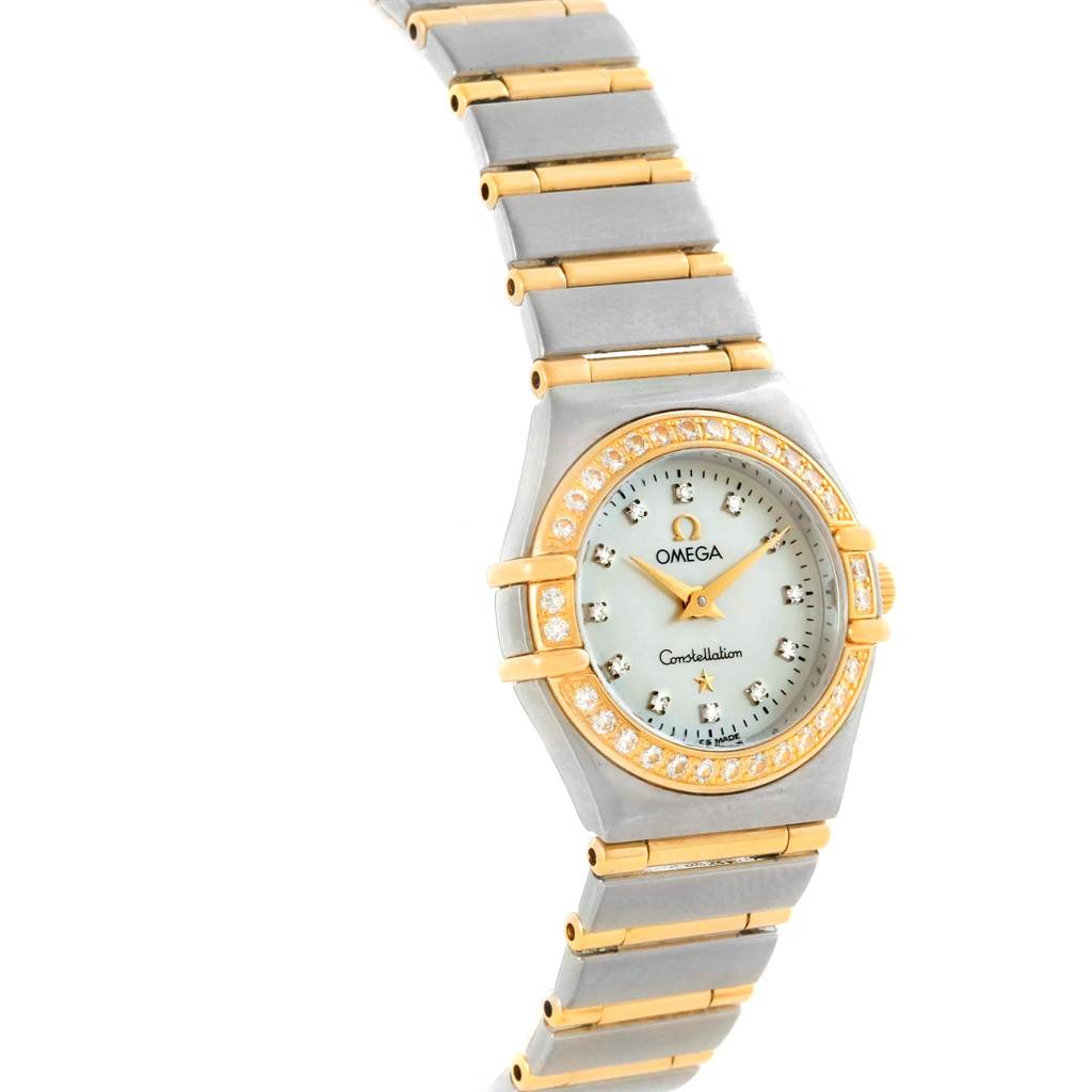 The Omega 1267.75.00 Women's Steel and Gold (two tone) Mother of Pearl Dial 1267.75.00 Women's Steel and Gold (two tone) Mother of Pearl Dial Constellation Mini MOP Diamond Ladies Watch 1267.75.00 is shown at a front angle highlighting its dial and bracelet.