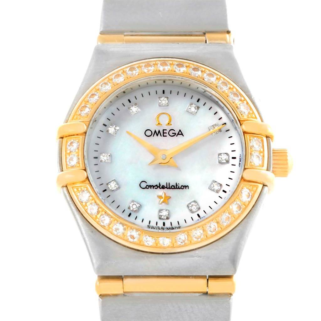 The image shows a front view of the Omega 1267.75.00 Women's Steel and Gold (two tone) Mother of Pearl Dial 1267.75.00 Women's Steel and Gold (two tone) Mother of Pearl Dial Constellation Mini MOP Diamond Ladies Watch 1267.75.00, highlighting its diamond bezel and dial.