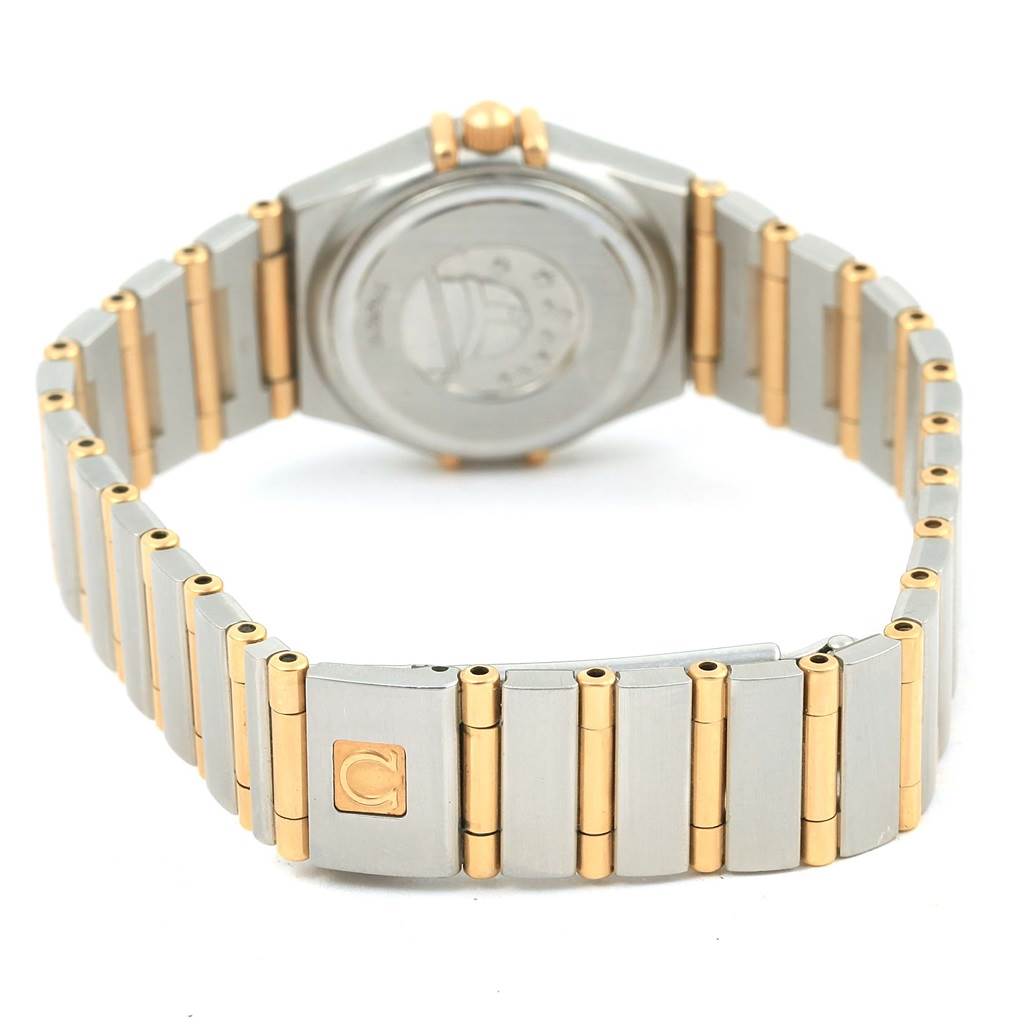 The image shows the back view of the Omega 1267.75.00 Women's Steel and Gold (two tone) Mother of Pearl Dial 1267.75.00 Women's Steel and Gold (two tone) Mother of Pearl Dial Constellation Mini MOP Diamond Ladies Watch 1267.75.00, highlighting its bracelet and case back.