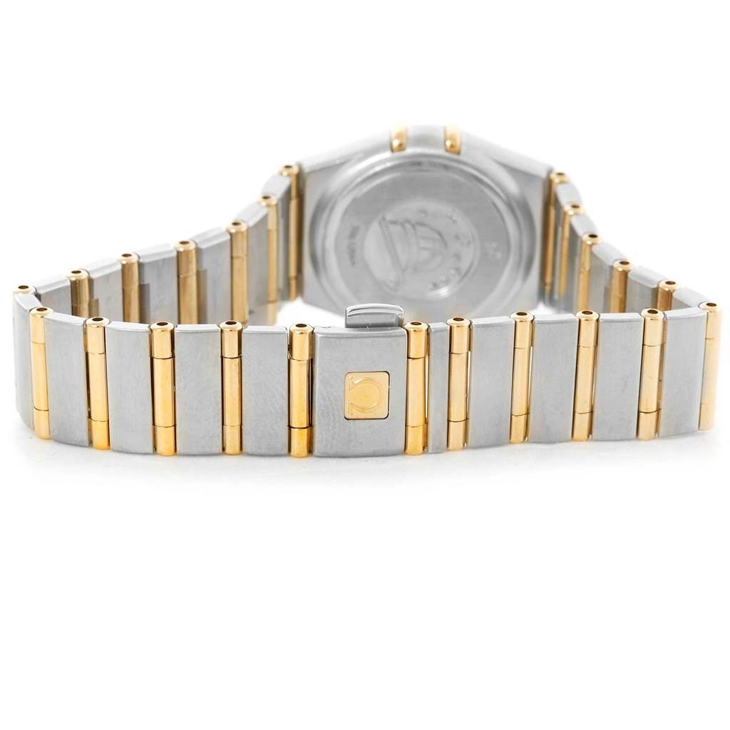 The image shows the back view of an Omega 1267.75.00 Women's Steel and Gold (two tone) Mother of Pearl Dial 1267.75.00 Women's Steel and Gold (two tone) Mother of Pearl Dial Constellation My Choice Mini MOP Diamond Ladies Watch 1267.75.00, highlighting the clasp and bracelet.