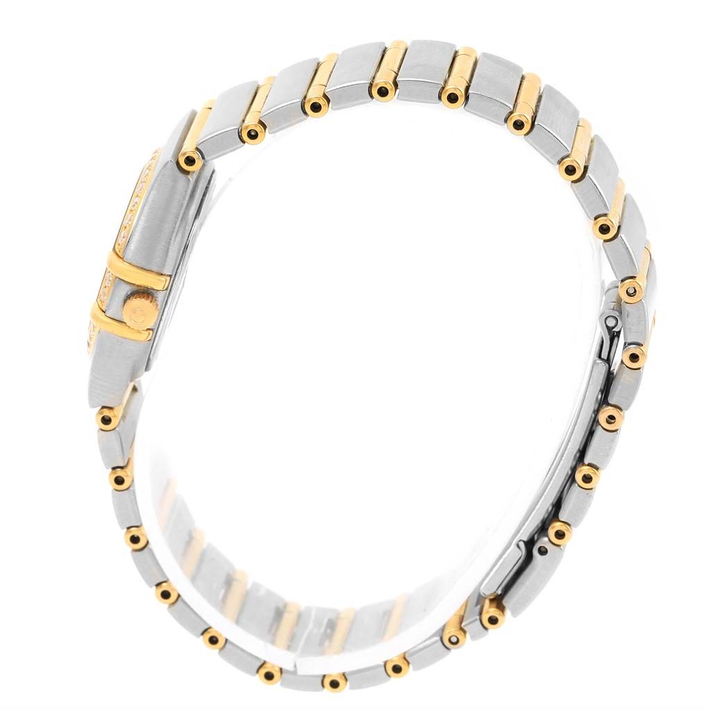 The image shows a side view of the Omega 1267.75.00 Women's Steel and Gold (two tone) Mother of Pearl Dial 1267.75.00 Women's Steel and Gold (two tone) Mother of Pearl Dial Constellation My Choice Mini MOP Diamond Ladies Watch 1267.75.00, highlighting its band and case.