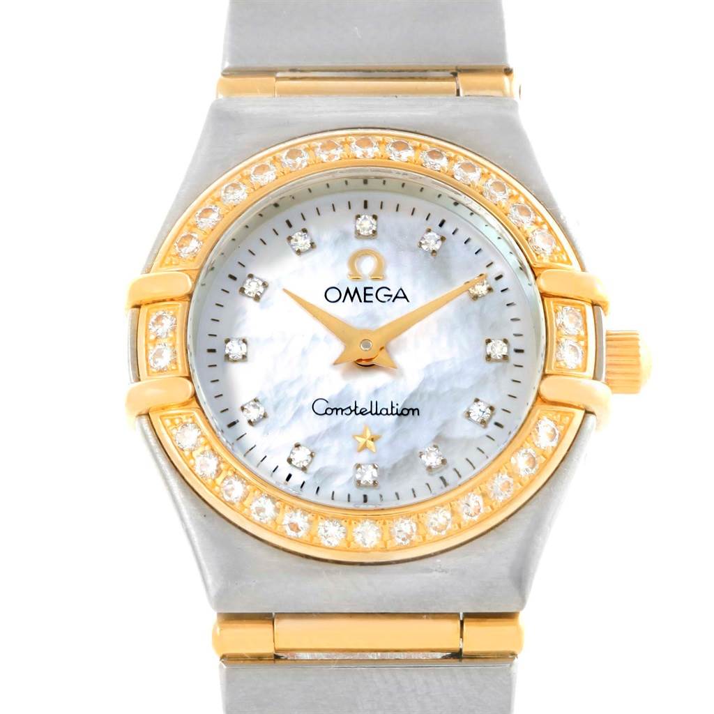 This image shows the face, bezel, and bracelet of the Omega 1267.75.00 Women's Steel and Gold (two tone) Mother of Pearl Dial 1267.75.00 Women's Steel and Gold (two tone) Mother of Pearl Dial Constellation My Choice Mini MOP Diamond Ladies Watch 1267.75.00.