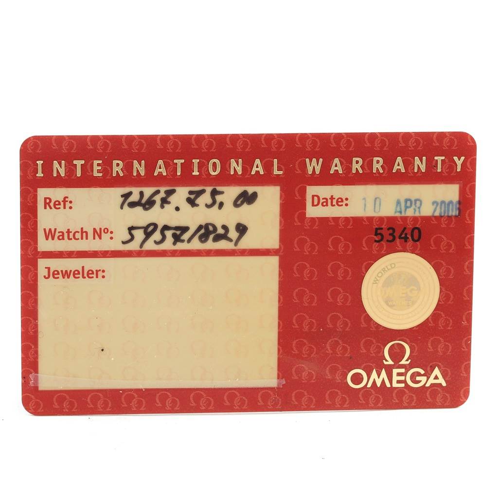 This image shows the international warranty card for the Omega 1267.75.00 Women's Steel and Gold (two tone) Mother of Pearl Dial 1267.75.00 Women's Steel and Gold (two tone) Mother of Pearl Dial Constellation My Choice Mini MOP Diamond Ladies Watch 1267.75.00.