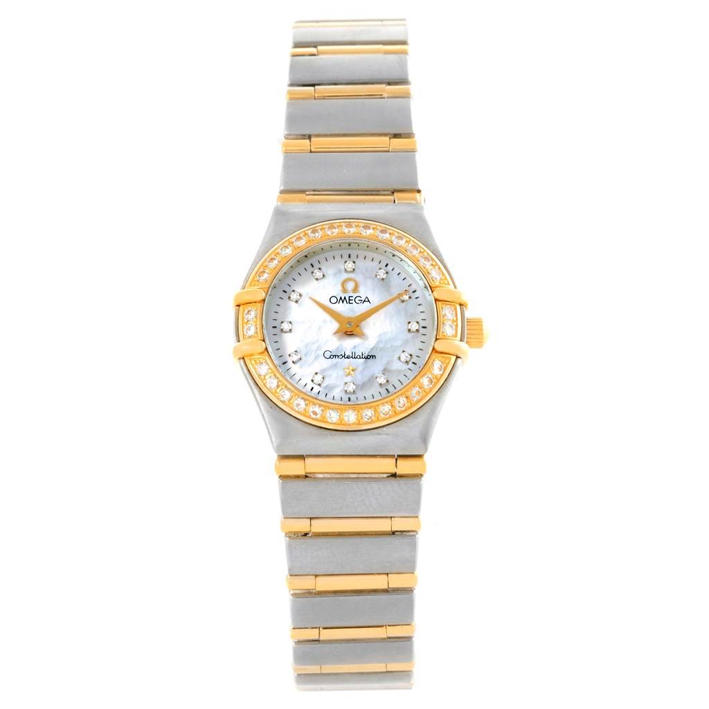 The image shows a front view of the Omega 1267.75.00 Women's Steel and Gold (two tone) Mother of Pearl Dial 1267.75.00 Women's Steel and Gold (two tone) Mother of Pearl Dial Constellation My Choice Mini MOP Diamond Ladies Watch 1267.75.00, highlighting its face and band.