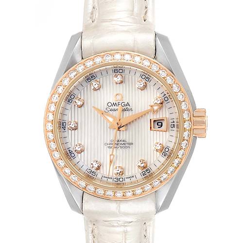 This image shows a front view of the Omega 231.28.30.20.55.001 Women's Steel and Gold (two tone) Mother of Pearl Dial 231.28.30.20.55.001 Women's Steel and Gold (two tone) Mother of Pearl Dial Aqua Terra Steel Rose Gold Diamond Watch 231.28.30.20.55.001, displaying its dial, bezel, and strap.