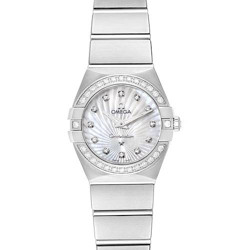 The image shows a front view of an Omega 123.15.24.60.55.004 Women's Stainless Steel Mother of Pearl Dial 123.15.24.60.55.004 Women's Stainless Steel Mother of Pearl Dial Constellation Steel MOP Diamond Watch model 123.15.24.60.55.004, highlighting its dial and bracelet.