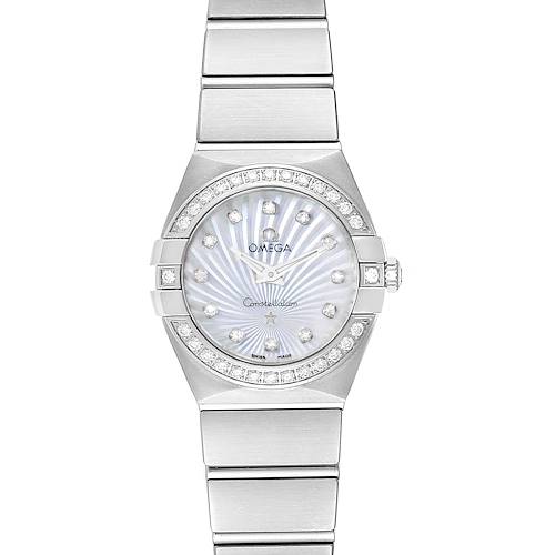 The image shows a front view of the Omega 123.15.24.60.55.004 Women's Stainless Steel Mother of Pearl Dial 123.15.24.60.55.004 Women's Stainless Steel Mother of Pearl Dial Constellation Steel MOP Diamond Watch 123.15.24.60.55.004, displaying its face and bracelet.
