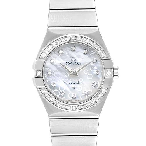 The image shows the face and part of the bracelet of the Omega 123.15.27.60.55.005 Women's Stainless Steel Mother of Pearl Dial 123.15.27.60.55.005 Women's Stainless Steel Mother of Pearl Dial Constellation MOP Diamonds Ladies Watch 123.15.27.60.55.005.