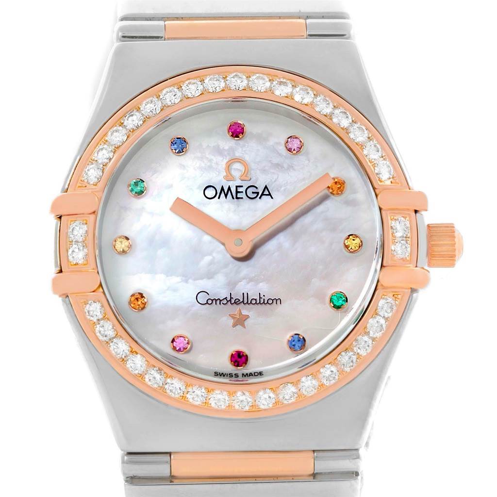 The image shows a frontal view of the Omega 1465.79.00 Women's Steel and Gold (two tone) Mother of Pearl Dial 1465.79.00 Women's Steel and Gold (two tone) Mother of Pearl Dial Constellation Iris My Choice Steel Rose Gold Ladies Watch 1373.79.