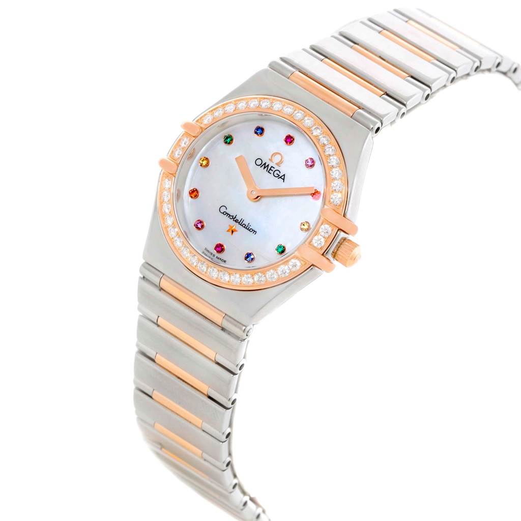 The Omega 1465.79.00 Women's Steel and Gold (two tone) Mother of Pearl Dial 1465.79.00 Women's Steel and Gold (two tone) Mother of Pearl Dial Constellation Iris My Choice Steel Rose Gold Ladies Watch model 1373.79 is shown at a slight angle, highlighting its face and bracelet.