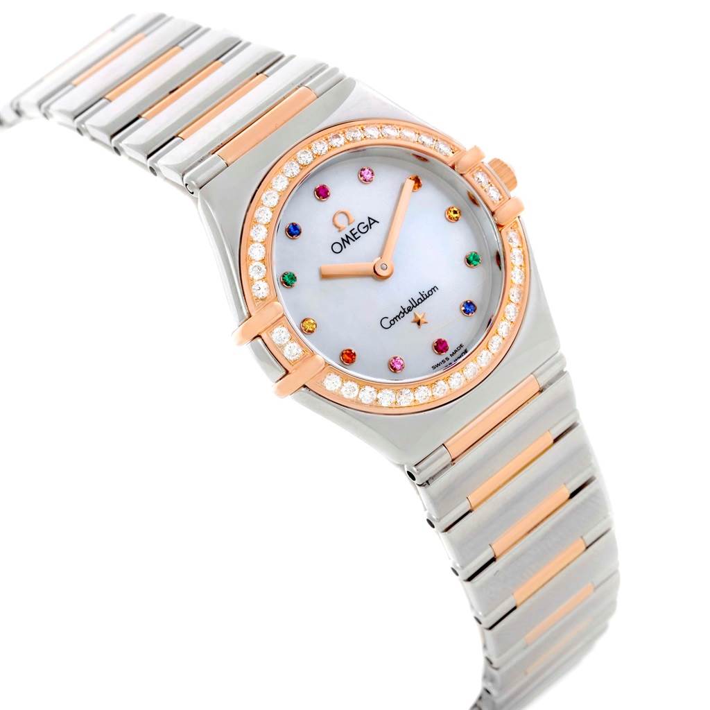 The Omega 1465.79.00 Women's Steel and Gold (two tone) Mother of Pearl Dial 1465.79.00 Women's Steel and Gold (two tone) Mother of Pearl Dial Constellation Iris My Choice Steel Rose Gold Ladies Watch 1373.79 is shown from an angle highlighting its face and partial band.