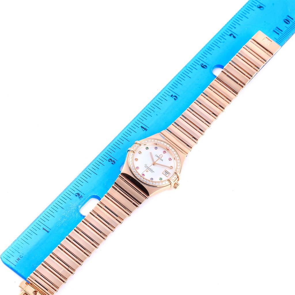 This image shows a top view of the Omega 1140.79.00 Women's Rose Gold Mother of Pearl Dial 1140.79.00 Women's Rose Gold Mother of Pearl Dial Constellation Iris My Choice Rose Gold Ladies Watch 1140.79, including the dial and full bracelet.