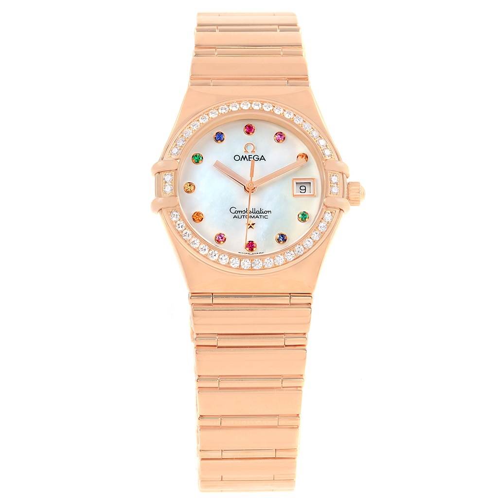 The image shows a front view of the Omega 1140.79.00 Women's Rose Gold Mother of Pearl Dial 1140.79.00 Women's Rose Gold Mother of Pearl Dial Constellation Iris My Choice Rose Gold Ladies Watch 1140.79.