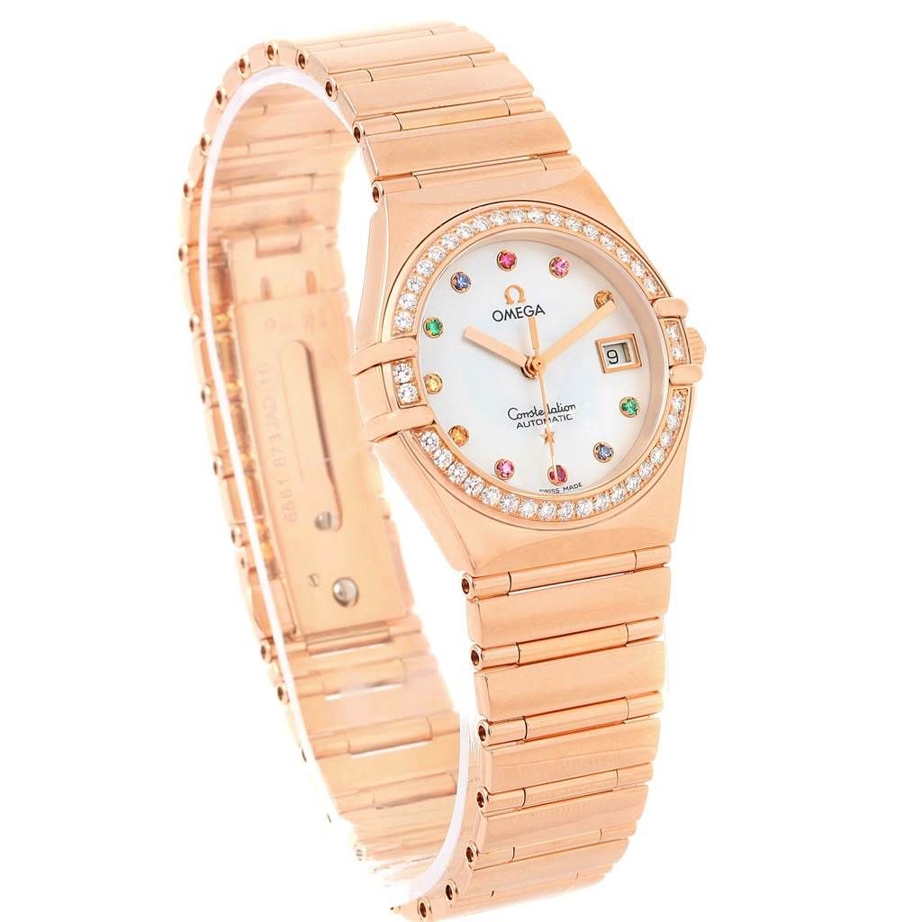 The image shows an Omega 1140.79.00 Women's Rose Gold Mother of Pearl Dial 1140.79.00 Women's Rose Gold Mother of Pearl Dial Constellation Iris My Choice Rose Gold Ladies Watch model 1140.79, angled to display the face and bracelet.