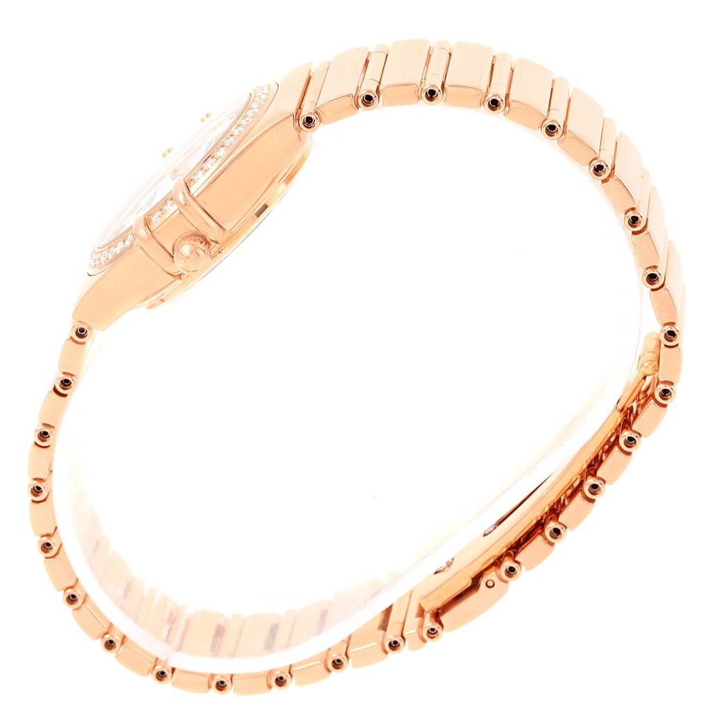 The image shows a side view of the Omega 1140.79.00 Women's Rose Gold Mother of Pearl Dial 1140.79.00 Women's Rose Gold Mother of Pearl Dial Constellation Iris My Choice Rose Gold Ladies Watch 1140.79, highlighting the band and case.