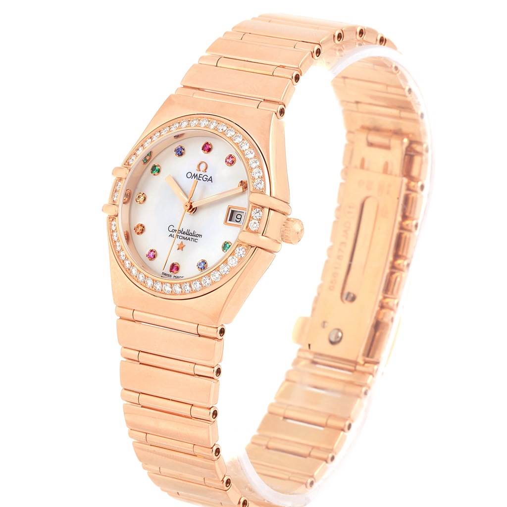 The Omega 1140.79.00 Women's Rose Gold Mother of Pearl Dial 1140.79.00 Women's Rose Gold Mother of Pearl Dial Constellation Iris My Choice Rose Gold Ladies Watch 1140.79 is shown from an angled side view, displaying the face, band, and clasp.