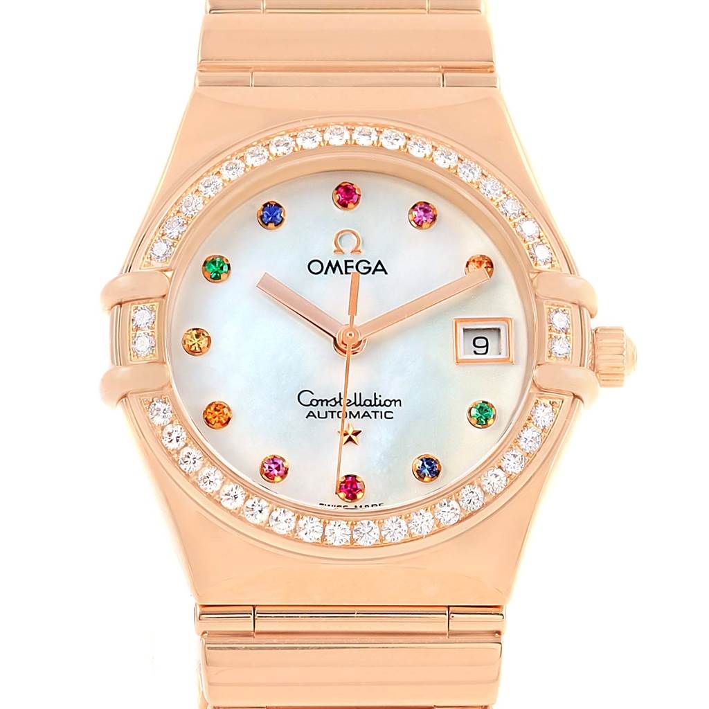 This image shows a front view of the Omega 1140.79.00 Women's Rose Gold Mother of Pearl Dial 1140.79.00 Women's Rose Gold Mother of Pearl Dial Constellation Iris My Choice Rose Gold Ladies Watch, model 1140.79, highlighting the dial and bezel.