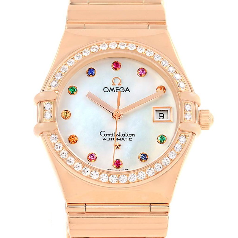 This image shows a front view of the Omega 1140.79.00 Women's Rose Gold Mother of Pearl Dial 1140.79.00 Women's Rose Gold Mother of Pearl Dial Constellation Iris My Choice Rose Gold Ladies Watch, model 1140.79, highlighting the dial and bezel.