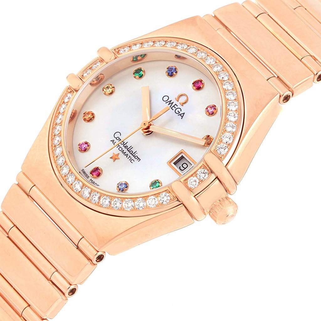 The image shows an angled view of the Omega 1140.79.00 Women's Rose Gold Mother of Pearl Dial 1140.79.00 Women's Rose Gold Mother of Pearl Dial Constellation Iris My Choice Rose Gold Ladies Watch 1140.79, focusing on the dial and bracelet.