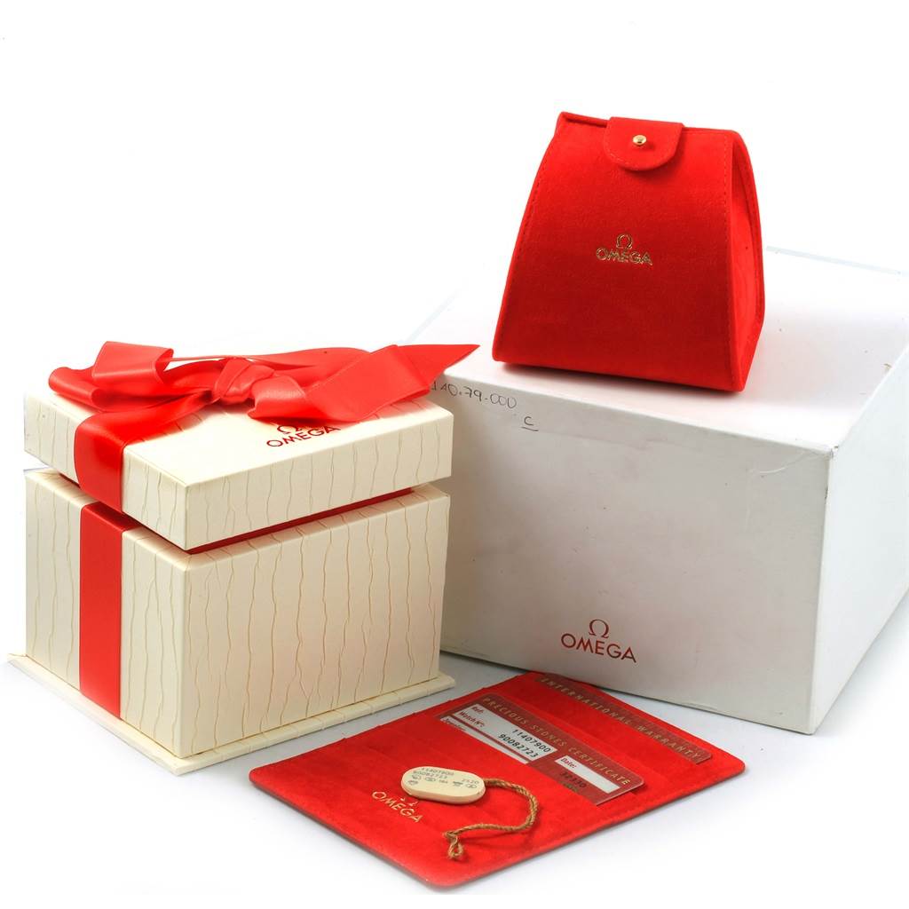 The image shows the packaging, box, and warranty cards for the Omega 1140.79.00 Women's Rose Gold Mother of Pearl Dial 1140.79.00 Women's Rose Gold Mother of Pearl Dial Constellation Iris My Choice Rose Gold Ladies Watch 1140.79 model.