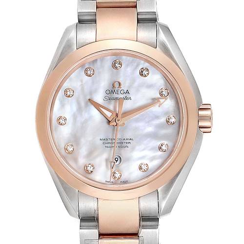 The image shows a frontal view of the Omega 231.20.34.20.55.001 Women's Steel and Gold (two tone) Mother of Pearl Dial 231.20.34.20.55.001 Women's Steel and Gold (two tone) Mother of Pearl Dial Aqua Terra Rose Gold MOP Diamond Ladies Watch 231.20.34.20.55.001.