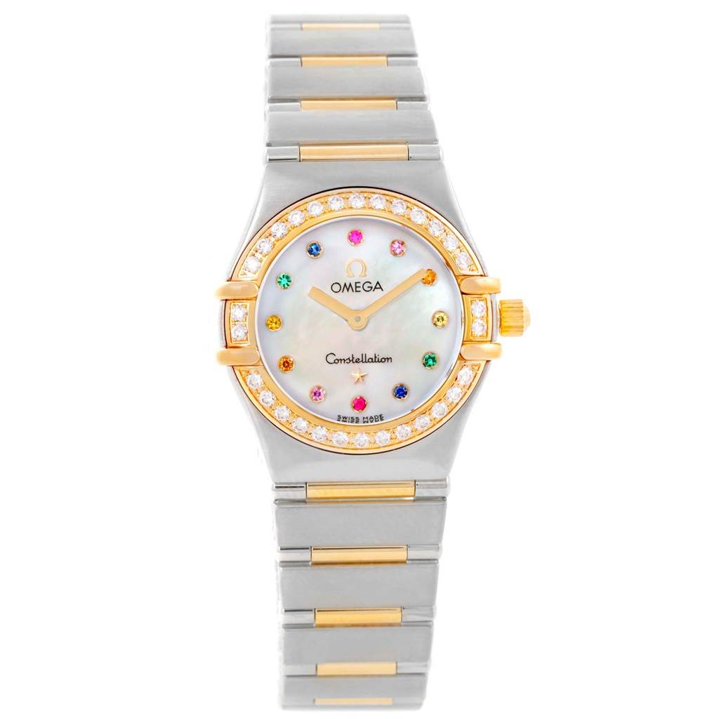 The image shows the front view of an Omega 1365.79.00 Women's Steel and Gold (two tone) Mother of Pearl Dial 1365.79.00 Women's Steel and Gold (two tone) Mother of Pearl Dial Constellation Iris Steel Yellow Gold Multi Stone Watch 1365.79.00.