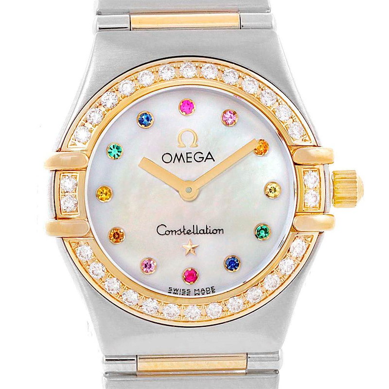 The image shows a front view of the Omega 1365.79.00 Women's Steel and Gold (two tone) Mother of Pearl Dial 1365.79.00 Women's Steel and Gold (two tone) Mother of Pearl Dial Constellation Iris Steel Yellow Gold Multi Stone Watch 1365.79.00, highlighting the dial and bezel.