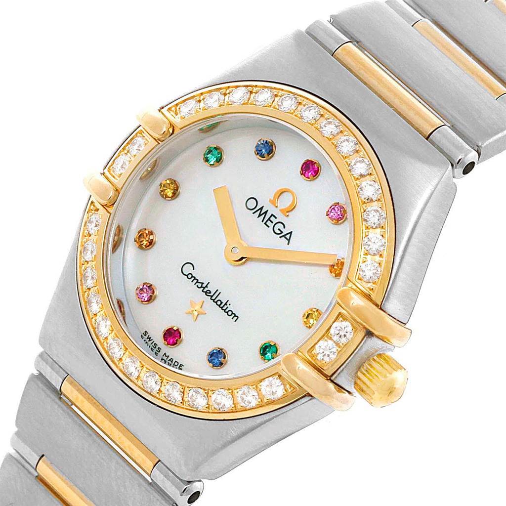 The image shows a close-up view of the Omega 1365.79.00 Women's Steel and Gold (two tone) Mother of Pearl Dial 1365.79.00 Women's Steel and Gold (two tone) Mother of Pearl Dial Constellation Iris Steel Yellow Gold Multi Stone Watch (model 1365.79.00).