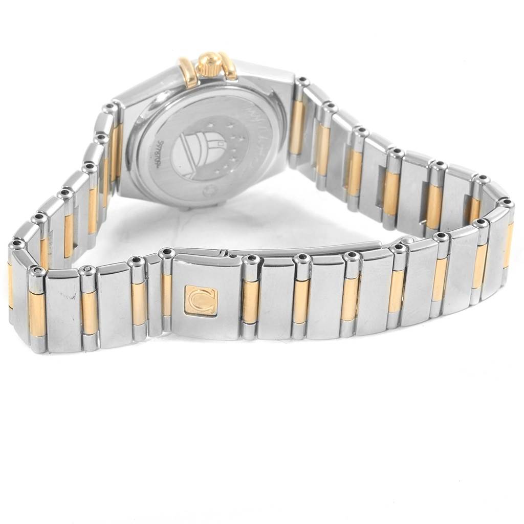 The image shows the back and band of the Omega 1365.79.00 Women's Steel and Gold (two tone) Mother of Pearl Dial 1365.79.00 Women's Steel and Gold (two tone) Mother of Pearl Dial Constellation Iris Steel Yellow Gold Multi Stone Watch model 1365.79.00.