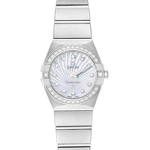 This is a direct front view of an Omega 123.15.24.60.55.004 Women's Stainless Steel Mother of Pearl Dial 123.15.24.60.55.004 Women's Stainless Steel Mother of Pearl Dial Constellation 24 MOP Diamond Watch model 123.15.24.60.55.004 displaying the dial, bezel, and bracelet.