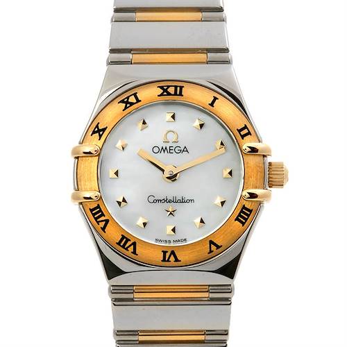 The image shows a front view of the Omega 13617100 OR 1361.   71.   00 Women's Yellow Gold Mother of Pearl Dial 13617100 OR 1361.   71.   00 Women's Yellow Gold Mother of Pearl Dial Constellation My Choice Mini 13617100 watch, highlighting the dial, bezel, and bracelet.