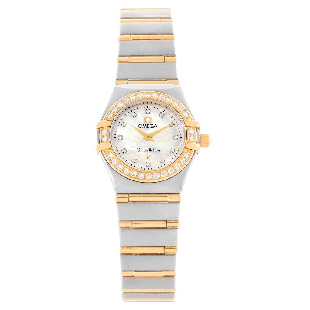 The image shows a front view of the Omega 1267.75.00 Women's Steel and Gold (two tone) Mother of Pearl Dial 1267.75.00 Women's Steel and Gold (two tone) Mother of Pearl Dial Constellation Mini Mother of Pearl Diamond Watch 1267.75.00 displaying its face and bracelet.