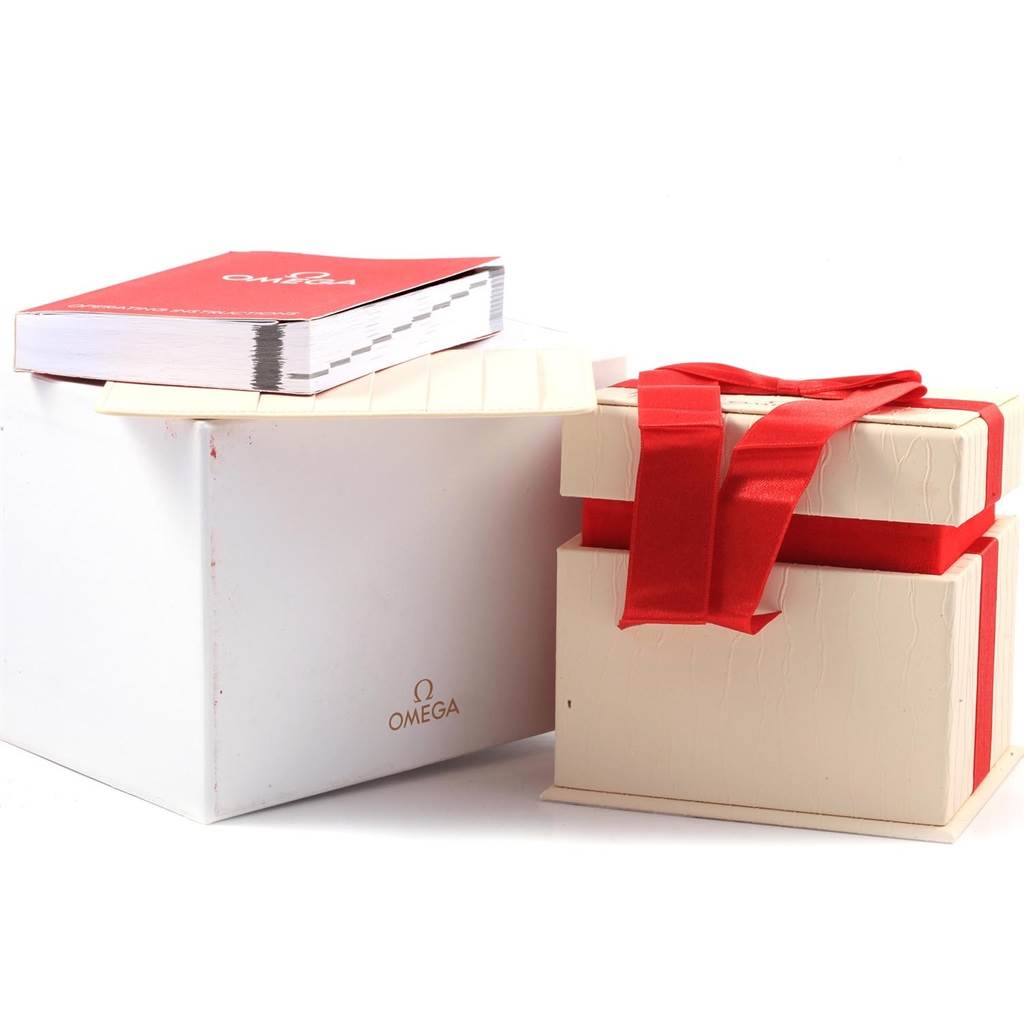 The image shows the packaging and manual for the Omega 1267.75.00 Women's Steel and Gold (two tone) Mother of Pearl Dial 1267.75.00 Women's Steel and Gold (two tone) Mother of Pearl Dial Constellation Mini Mother of Pearl Diamond Watch 1267.75.00.