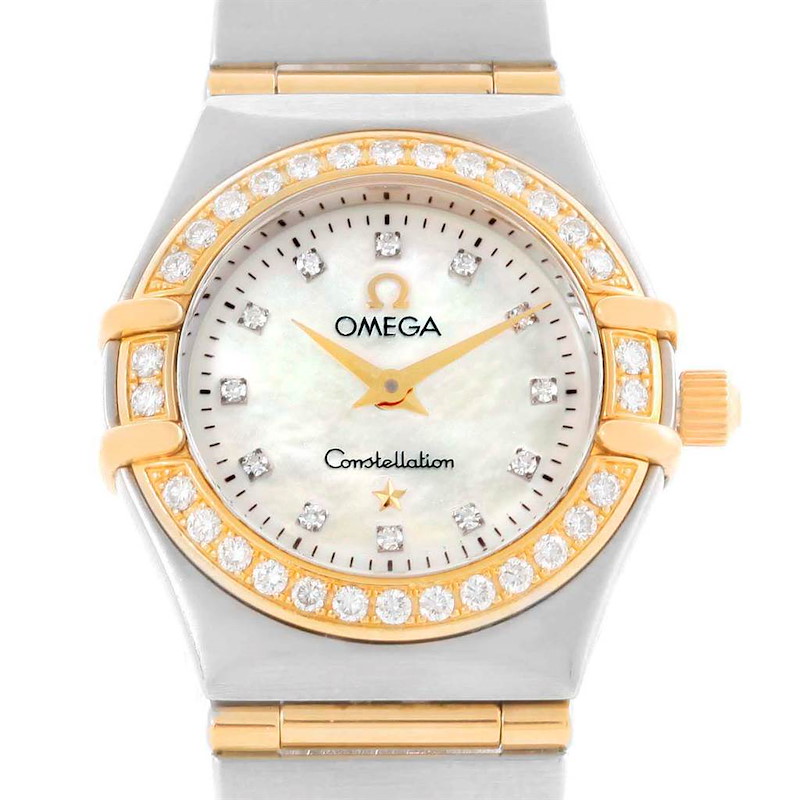 The image shows a frontal view of the Omega 1267.75.00 Women's Steel and Gold (two tone) Mother of Pearl Dial 1267.75.00 Women's Steel and Gold (two tone) Mother of Pearl Dial Constellation Mini Mother of Pearl Diamond Watch 1267.75.00, highlighting its face and bezel.