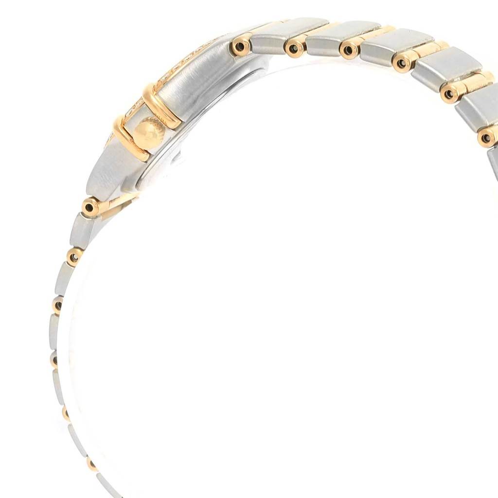 This image shows a side angle of the Omega 1267.75.00 Women's Steel and Gold (two tone) Mother of Pearl Dial 1267.75.00 Women's Steel and Gold (two tone) Mother of Pearl Dial Constellation Mini Mother of Pearl Diamond Watch 1267.75.00, focusing on the bracelet and clasp.