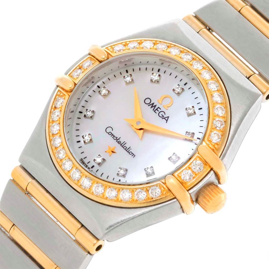 The Omega 1267.75.00 Women's Steel and Gold (two tone) Mother of Pearl Dial 1267.75.00 Women's Steel and Gold (two tone) Mother of Pearl Dial Constellation Mini Mother of Pearl Diamond Watch 1267.75.00 is shown from a close-up angle highlighting the dial and bracelet.