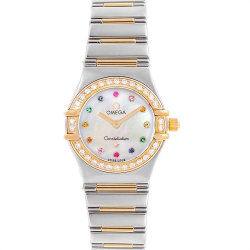 The image shows a front view of the Omega 1365.79.00 Women's Steel and Gold (two tone) Mother of Pearl Dial 1365.79.00 Women's Steel and Gold (two tone) Mother of Pearl Dial Constellation Iris Steel Yellow Gold Rainbow Multi Stone Watch 1365.79.00 model.
